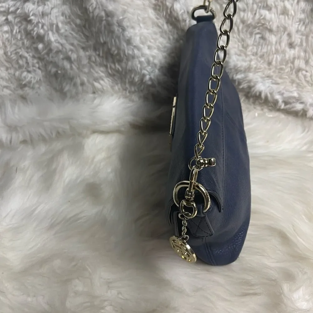 DKNY Melissa leather Navy Blue satchel with silver tone chain strap.